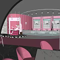 Pink Themed Dessert Shop With Black And White Checkered Floor And Cartoon Cat Sofa