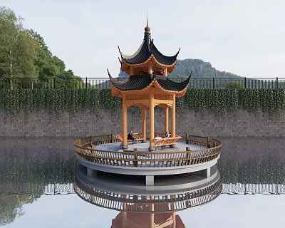 Traditional Chinese Pavilion With Black Roof Wooden Structure Over Water And Greenery 3d model