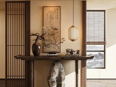Traditional Chinese Entryway Hall Featuring Wooden Lattice Screen Calligraphy Painting And Lantern Pendant Light 3d model