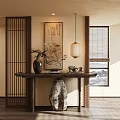 Traditional Chinese Entryway Hall Featuring Wooden Lattice Screen Calligraphy Painting And Lantern Pendant Light