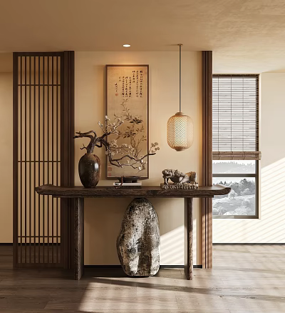 Traditional Chinese Entryway Hall Featuring Wooden Lattice Screen Calligraphy Painting And Lantern Pendant Light 3d model