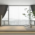 Dark Curtains And Sheer Panels For Large Windows With Scenic View And Potted Plant