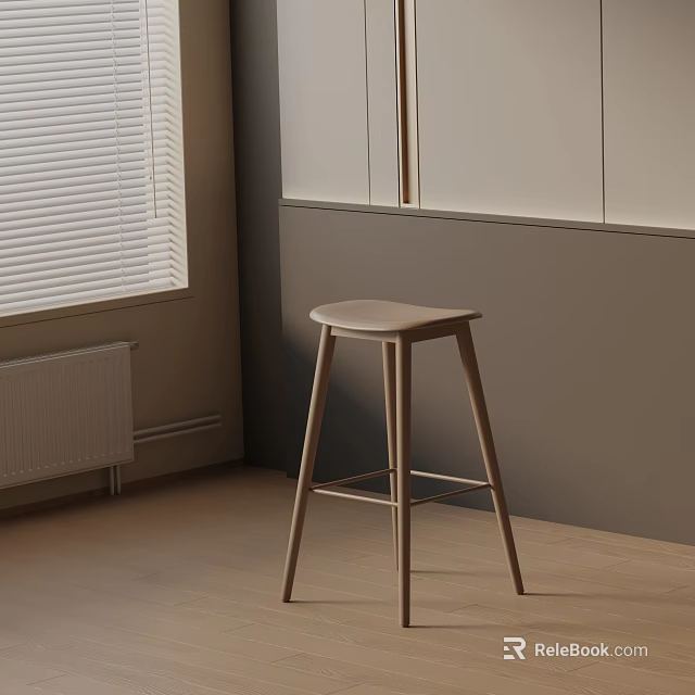Modern Wooden Bar Stool In Beige Tone With Window And Gray Wall Interior 3d model 