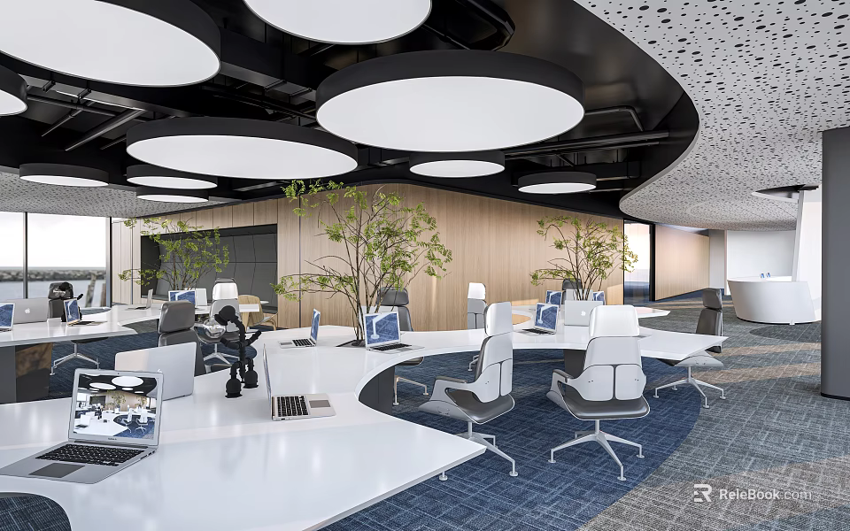 Modern Public Office Space Interior Design With Open Layout Round Lights And Green Plants 3d model