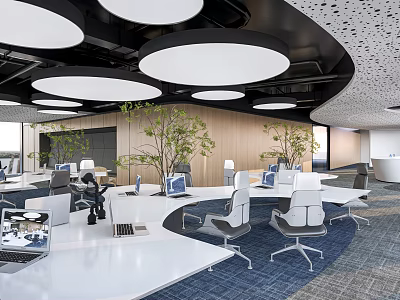 Modern Public Office Space Interior Design With Open Layout Round Lights And Green Plants 3d model