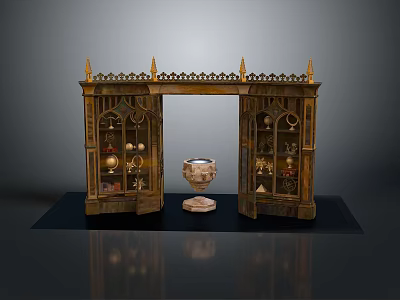 Vintage Wooden Display Cabinet With Carved Patterns And Central Decorative Vessel 3d model