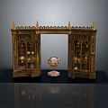Vintage Wooden Display Cabinet With Carved Patterns And Central Decorative Vessel