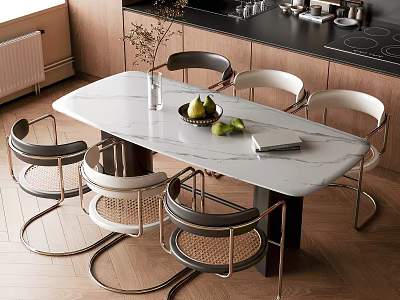 Modern Kitchen Table and Chairs Set With Marble Top and Rattan Seats 3d model