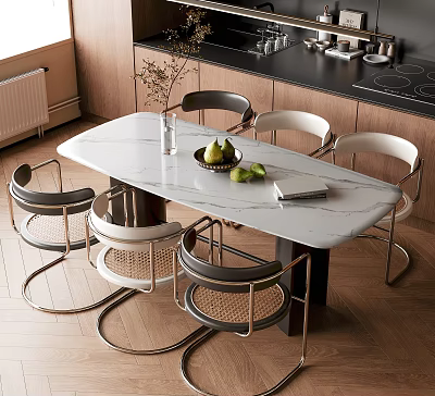 Modern Kitchen Table and Chairs Set With Marble Top and Rattan Seats 3d model