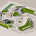 Modern Park Landscape With Geometric Green Spaces Paved Pathways And Seating Areas