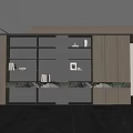Modern Decorative Cabinet with Gray and Wooden Finish Marble Countertop and Illuminated Shelves