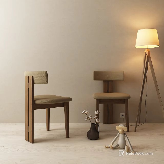 Brown Wooden Dining Chairs With Backrests Upholstered Seats And Floor Lamp White Flower Vase 3d model 