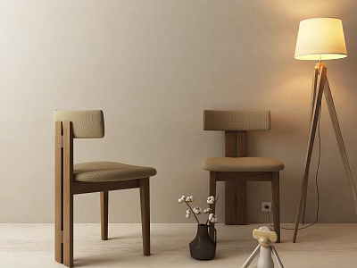 Brown Wooden Dining Chairs With Backrests Upholstered Seats And Floor Lamp White Flower Vase 3d model