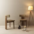Brown Wooden Dining Chairs With Backrests Upholstered Seats And Floor Lamp White Flower Vase