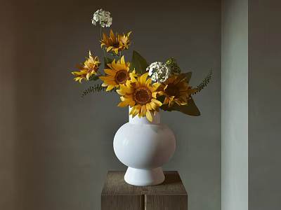Decorative Ornament Set With White Vase Sunflowers And White Flowers On Wooden Base 3d model