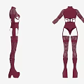 Women's Burgundy Lace Bodysuit With Corset Detail Long Sleeves And Stockings