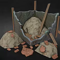 3D Model of Damaged Stone Container With Wooden Supports And Scattered Rocks
