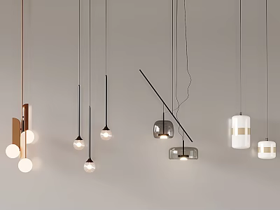 Modern Pendant Lights with Various Designs Metal Rods Glass Shades and Spherical Bulbs 3d model