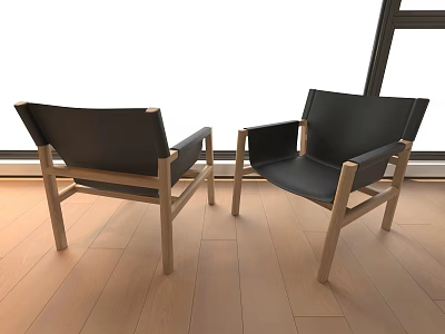 Modern Black Leather Single Chair With Wooden Frame On Wooden Floor Near Window 3d model