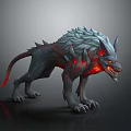 Fierce Mythical Wolf Like Creature With Spiked Mane Red Glowing Eyes And Fiery Gray Body