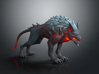 Fierce Mythical Wolf Like Creature With Spiked Mane Red Glowing Eyes And Fiery Gray Body 3d model