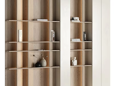 Modern Wooden Bookcase With Open Shelves Holding Books And Decorative Vases 3d model