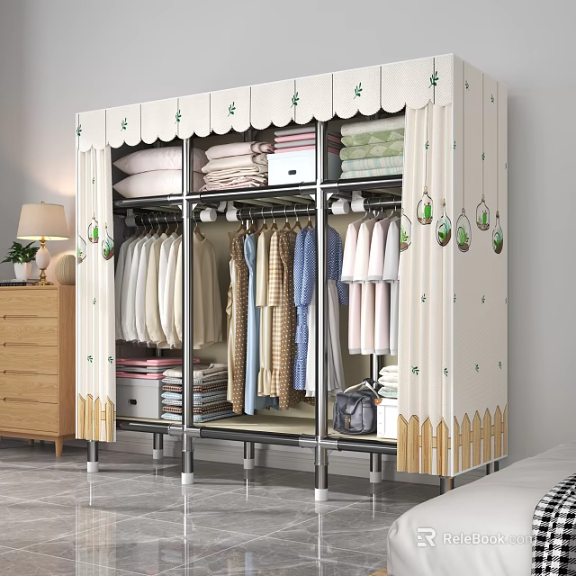 Portable Multi Layer Wardrobe With Cloth Cover Hanging Rods And Storage Shelves 3d model 