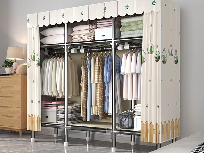 Portable Multi Layer Wardrobe With Cloth Cover Hanging Rods And Storage Shelves 3d model