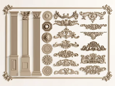 Elegant Carved Ornamental Collection With Columns Floral Patterns Intricate Motifs And Decorative Panels 3d model