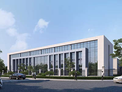 Modern Industrial Factory Building with Large Glass Windows Light Exterior and Landscaped Trees 3d model