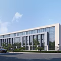 Modern Industrial Factory Building with Large Glass Windows Light Exterior and Landscaped Trees