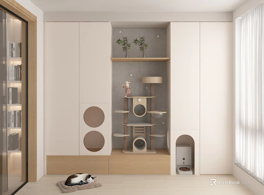 Cozy Home Balcony Design With White Cabinets Cat Tree Plants And Cat Bed 3d model 