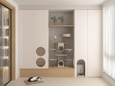 Cozy Home Balcony Design With White Cabinets Cat Tree Plants And Cat Bed 3d model
