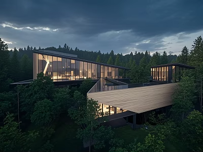 Modern Cultural Center Building With Glass Facade Nestled in Forest Surroundings And Warm Illumination 3d model