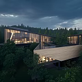 Modern Cultural Center Building With Glass Facade Nestled in Forest Surroundings And Warm Illumination