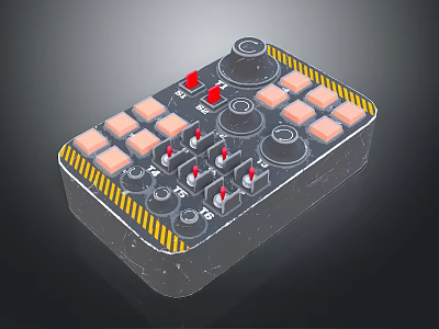 Black Control Panel With Square Buttons Knobs Red Indicators And Yellow Stripes 3d model