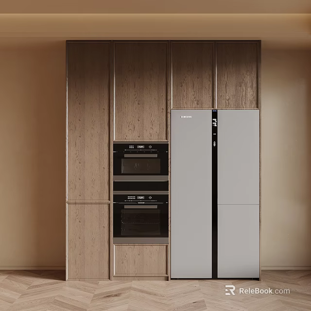 Modern Kitchen Interior Featuring Wooden Cabinets Built-in Ovens And Standing Refrigerator 3d model 