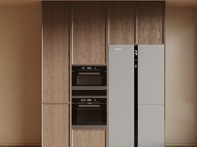 Modern Kitchen Interior Featuring Wooden Cabinets Built-in Ovens And Standing Refrigerator 3d model