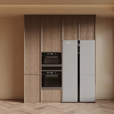Modern Kitchen Interior Featuring Wooden Cabinets Built-in Ovens And Standing Refrigerator 3d model