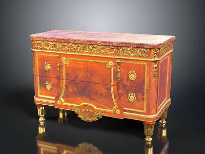 Elegant Red Cabinet With Gold Decorations Marble Top Drawers And Carved Details 3d model