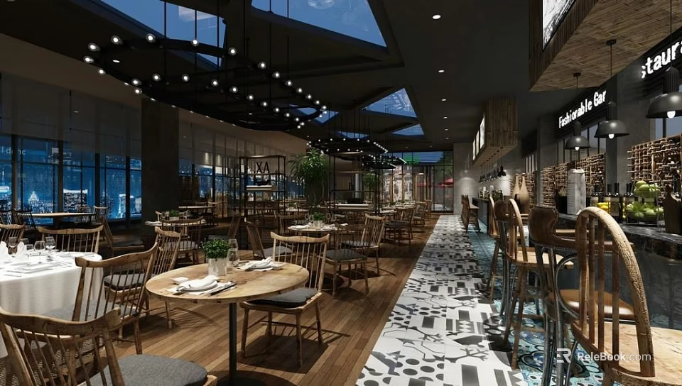 Modern Restaurant Interior Design With Wooden Tables Chairs Pendant Lights And Patterned Floor 3d model 