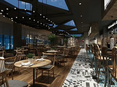 Modern Restaurant Interior Design With Wooden Tables Chairs Pendant Lights And Patterned Floor 3d model