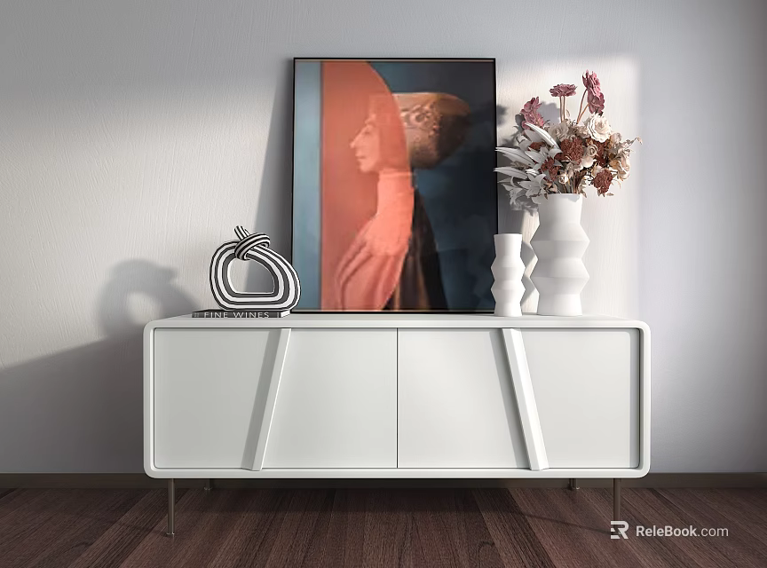 Modern White Console Table With Metal Legs And Decorative Vase Sculpture Artwork 3d model 