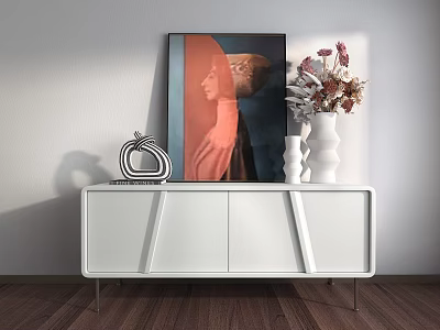 Modern White Console Table With Metal Legs And Decorative Vase Sculpture Artwork 3d model