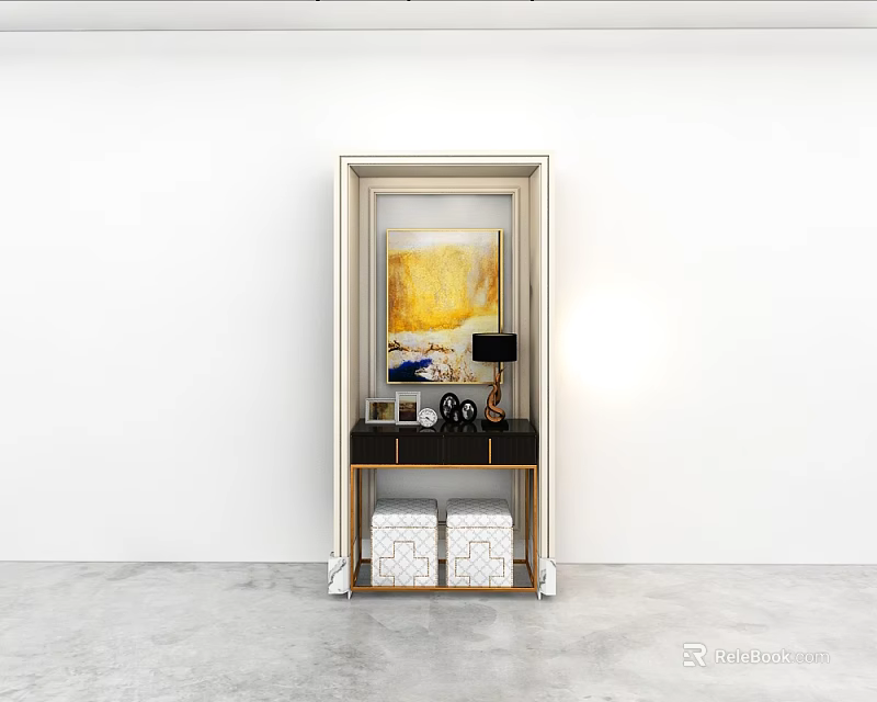 Modern Wall Cabinet Design With White Wall Yellow Abstract Painting Black Countertop and Storage Boxes 3d model 