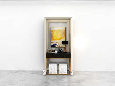 Modern Wall Cabinet Design With White Wall Yellow Abstract Painting Black Countertop and Storage Boxes 3d model