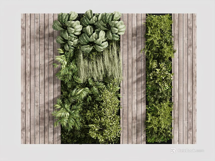 Lush Green Plant Wall With Mixed Plants On Wooden Panels 3d model 