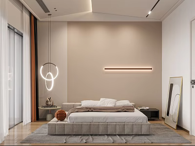 Elegant Modern Bedroom Interior With Upholstered Bed Beige Wall And Hanging Light Fixture 3d model