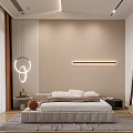 Elegant Modern Bedroom Interior With Upholstered Bed Beige Wall And Hanging Light Fixture