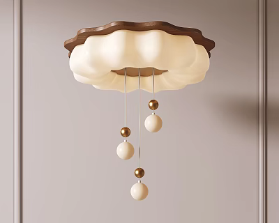 Elegant Scallop Shaped Ceiling Light With White Shade Brown Frame And Hanging Balls 3d model